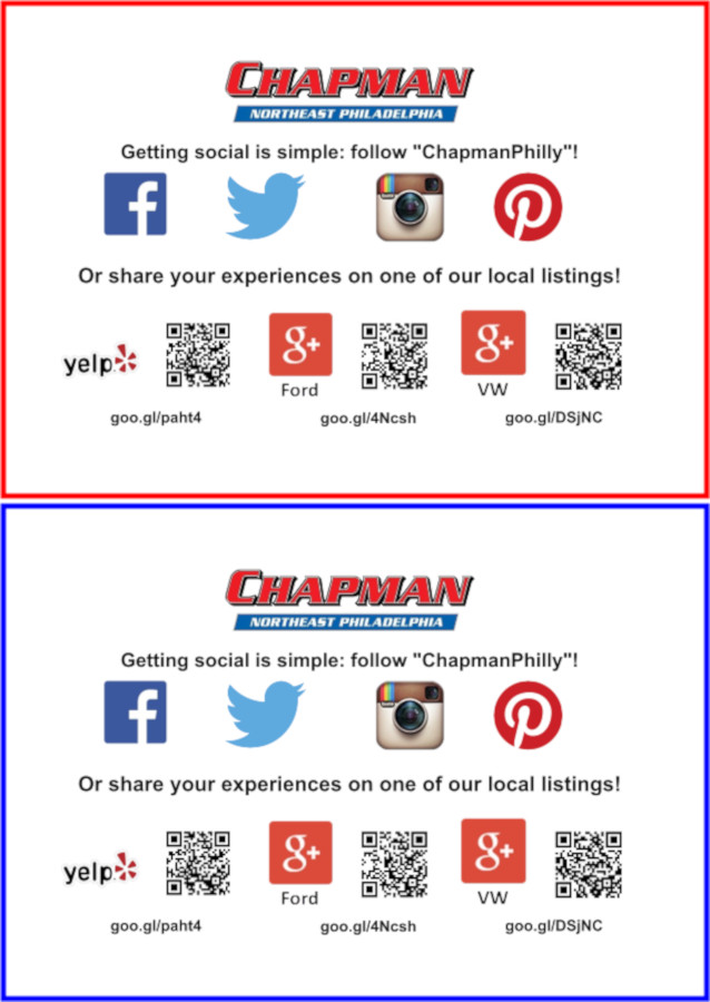 chapmansocialcard Handout cards with QR codes to encourage customers to follow social media channels