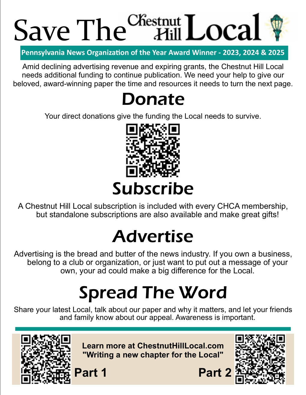 Save The Local A fundraising campaign flyer for the Chestnut Hill Local newspaper.